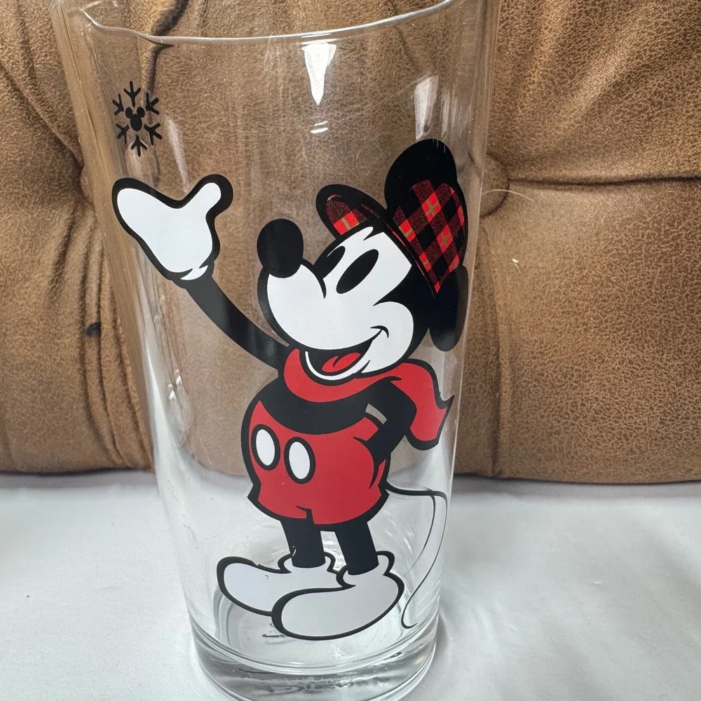 Disney‎ Drinking Glasses Mickey & Minnie Mouse Set of 4 Winter Holiday Plaid